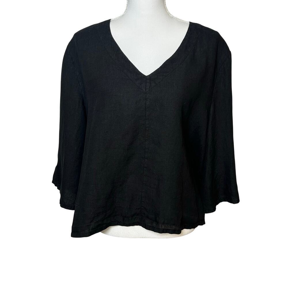 bryn walker black 100% linen lily lagenlook relaxed v-neck shirt size M